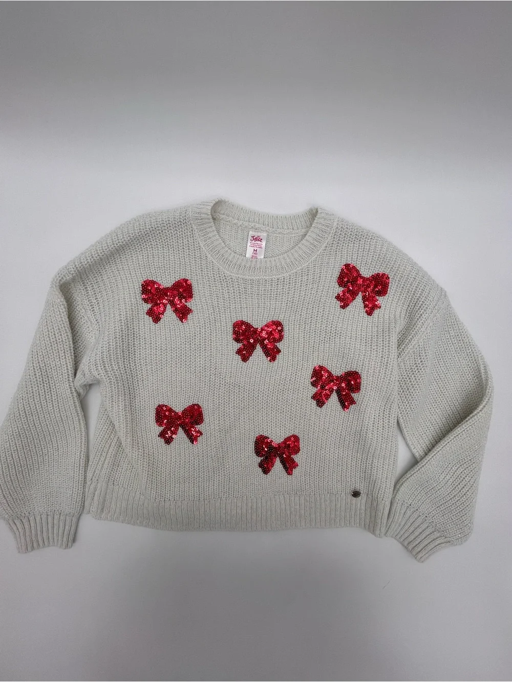 Girls Justice Cream Crewneck Sweater with Red Sequin Bows Size M (10)